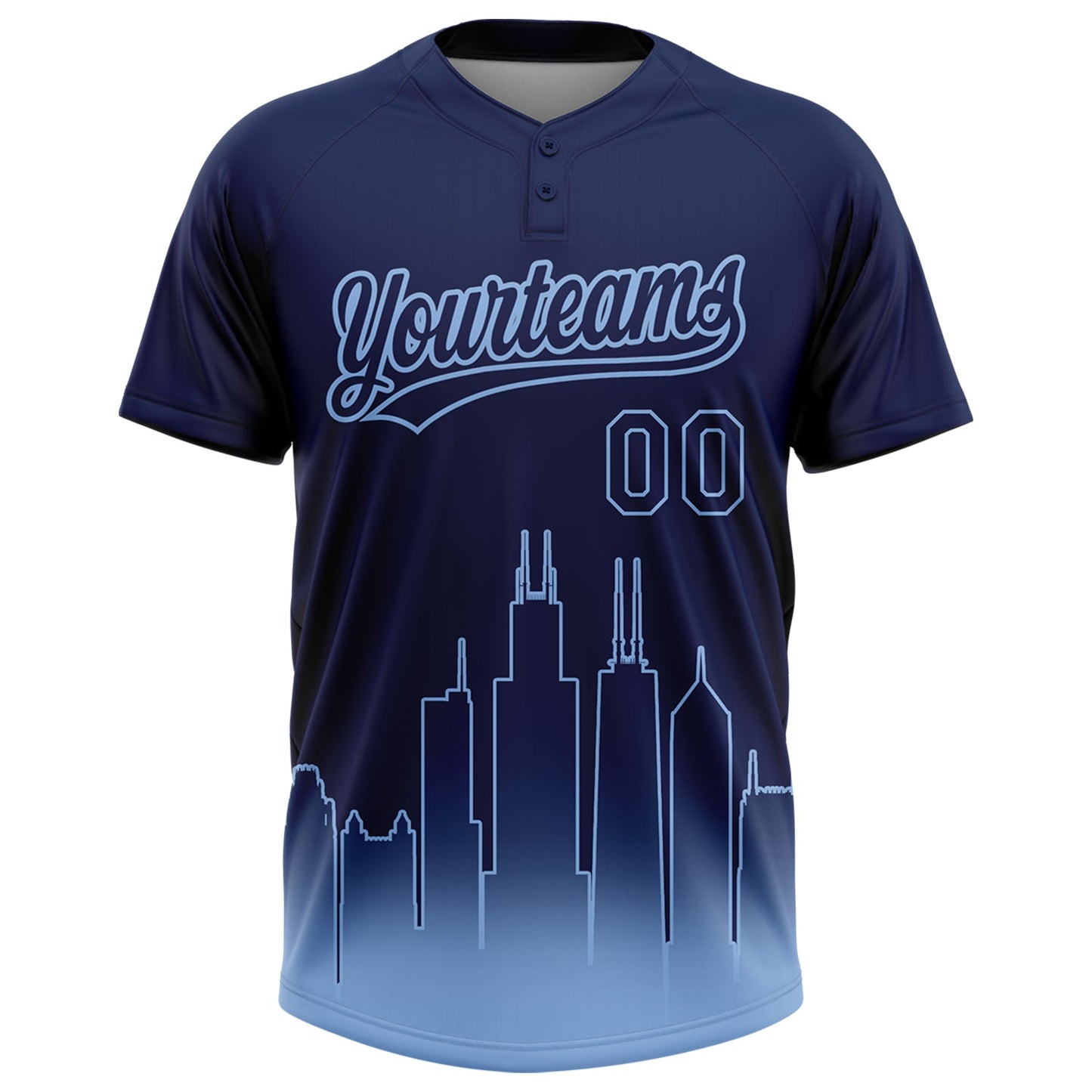 Custom Navy Light Blue Chicago City Edition Gradient Two-Button Unisex Softball Jersey view 2