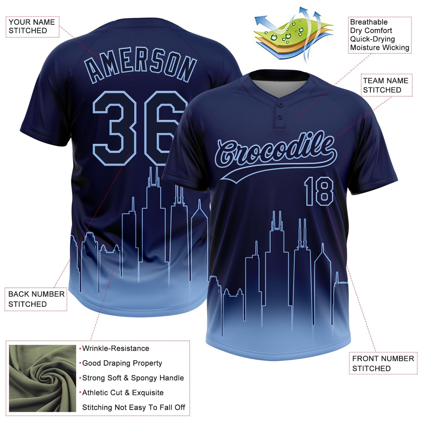 Custom Navy Light Blue Chicago City Edition Gradient Two-Button Unisex Softball Jersey view 3