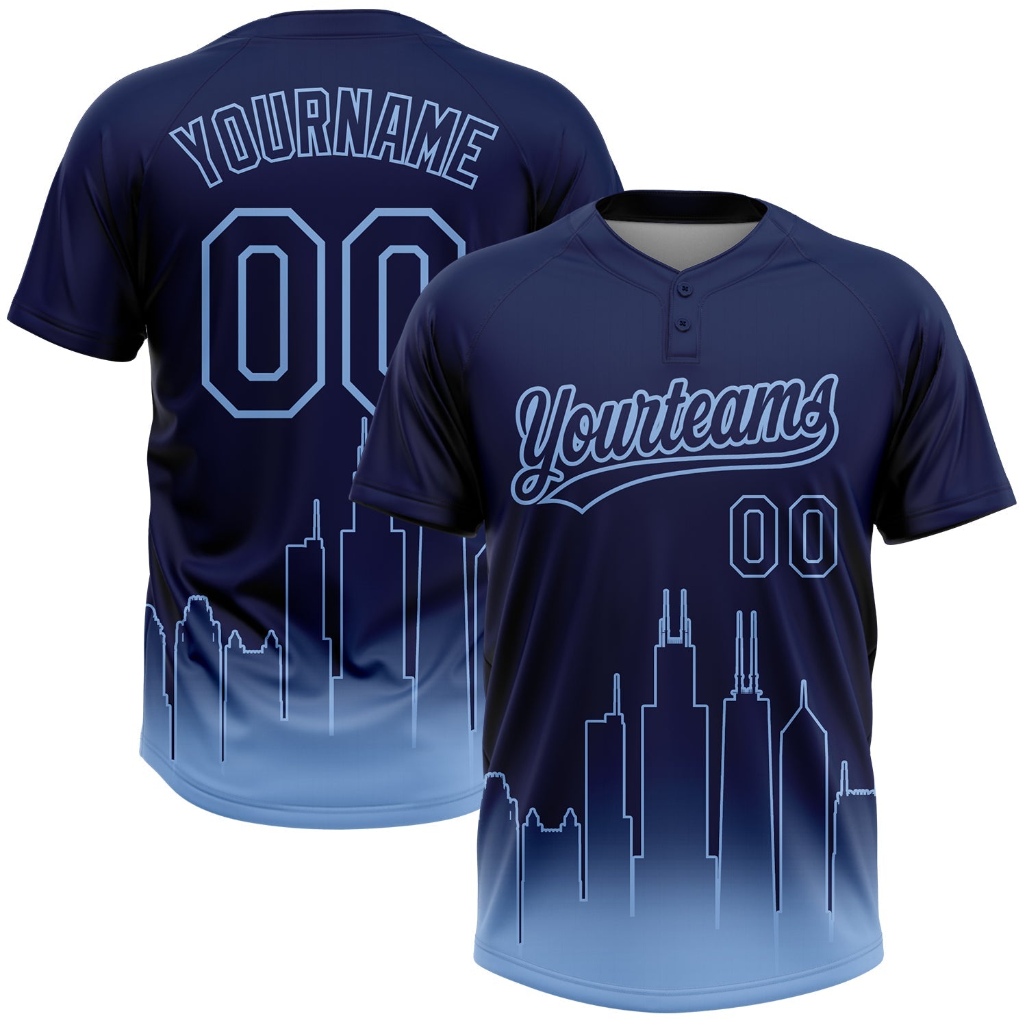 Custom Navy Light Blue Chicago City Edition Gradient Two-Button Unisex Softball Jersey - Main View
