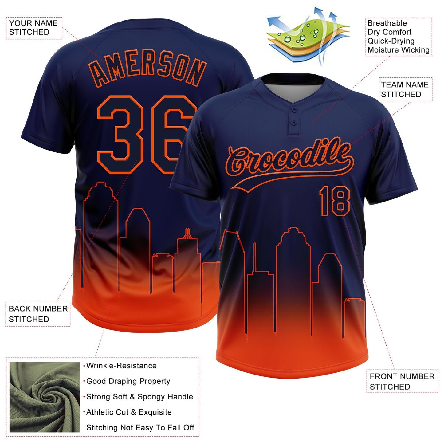 Custom Navy Orange Houston City Edition Gradient Two-Button Unisex Softball Jersey view 3