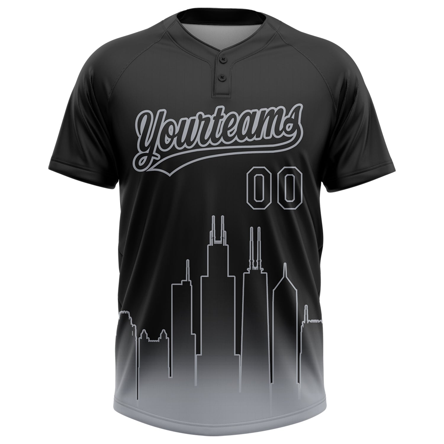 Custom Black Gray Chicago City Edition Gradient Two-Button Unisex Softball Jersey view 2