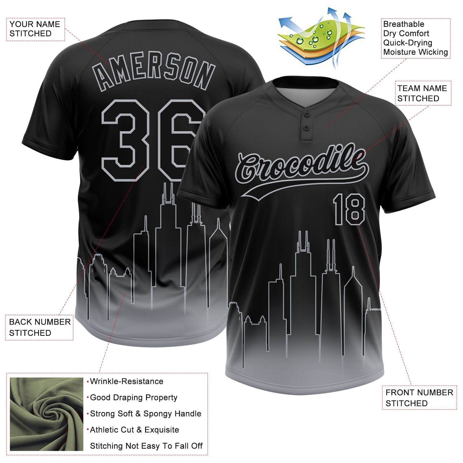Custom Black Gray Chicago City Edition Gradient Two-Button Unisex Softball Jersey view 3