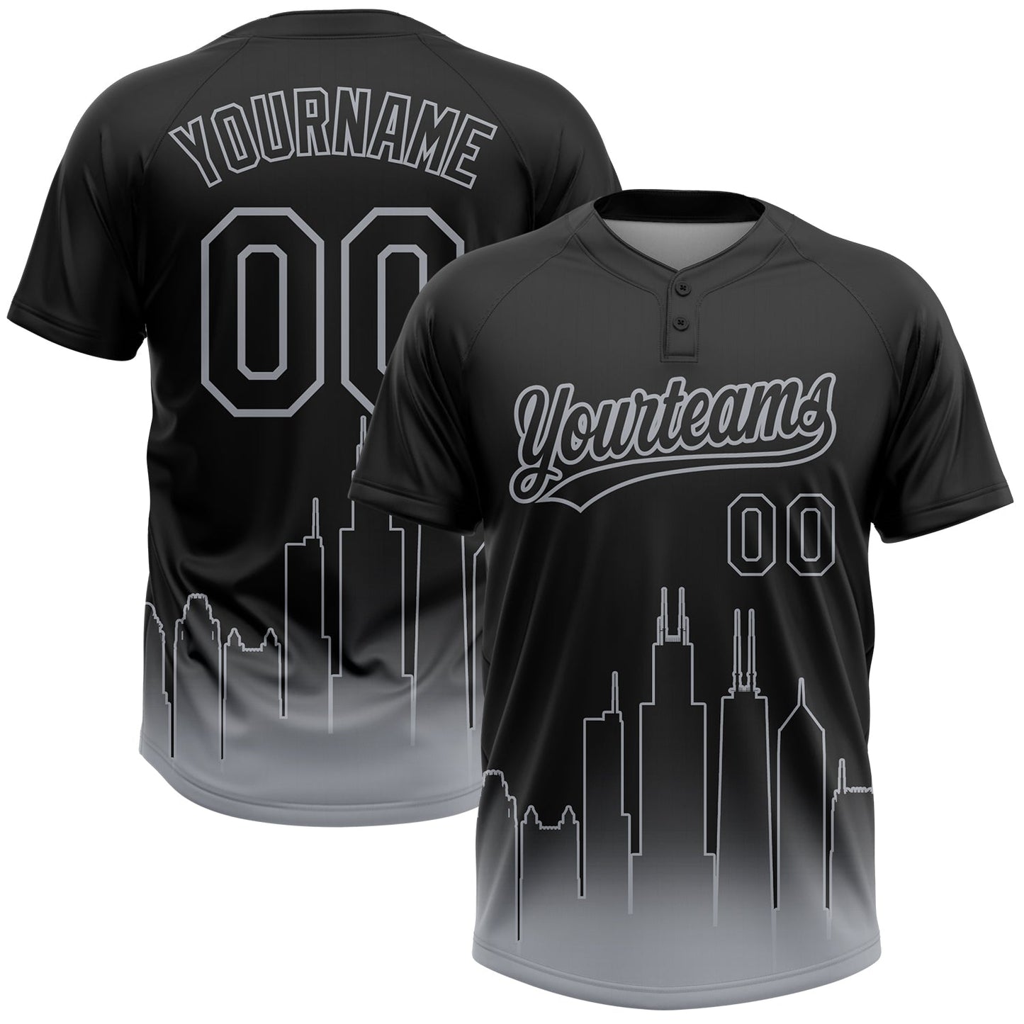 Custom Black Gray Chicago City Edition Gradient Two-Button Unisex Softball Jersey - Main View