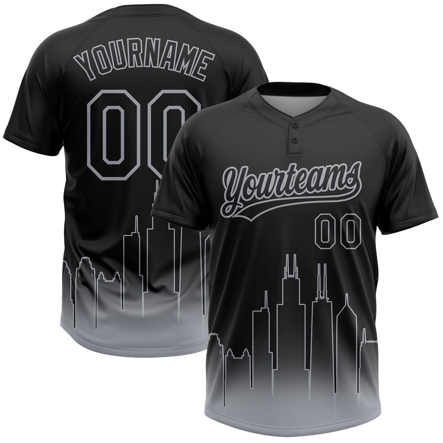 Custom Black Gray Chicago City Edition Gradient Two-Button Unisex Softball Jersey - Main View