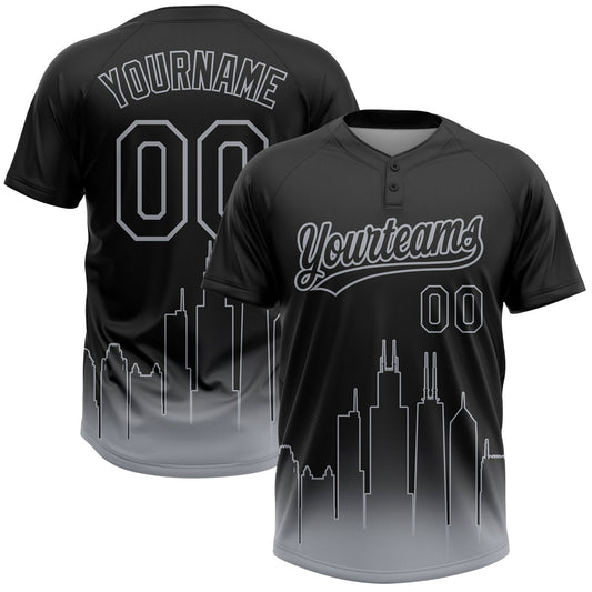 Custom Black Gray Chicago City Edition Gradient Two-Button Unisex Softball Jersey - Main View