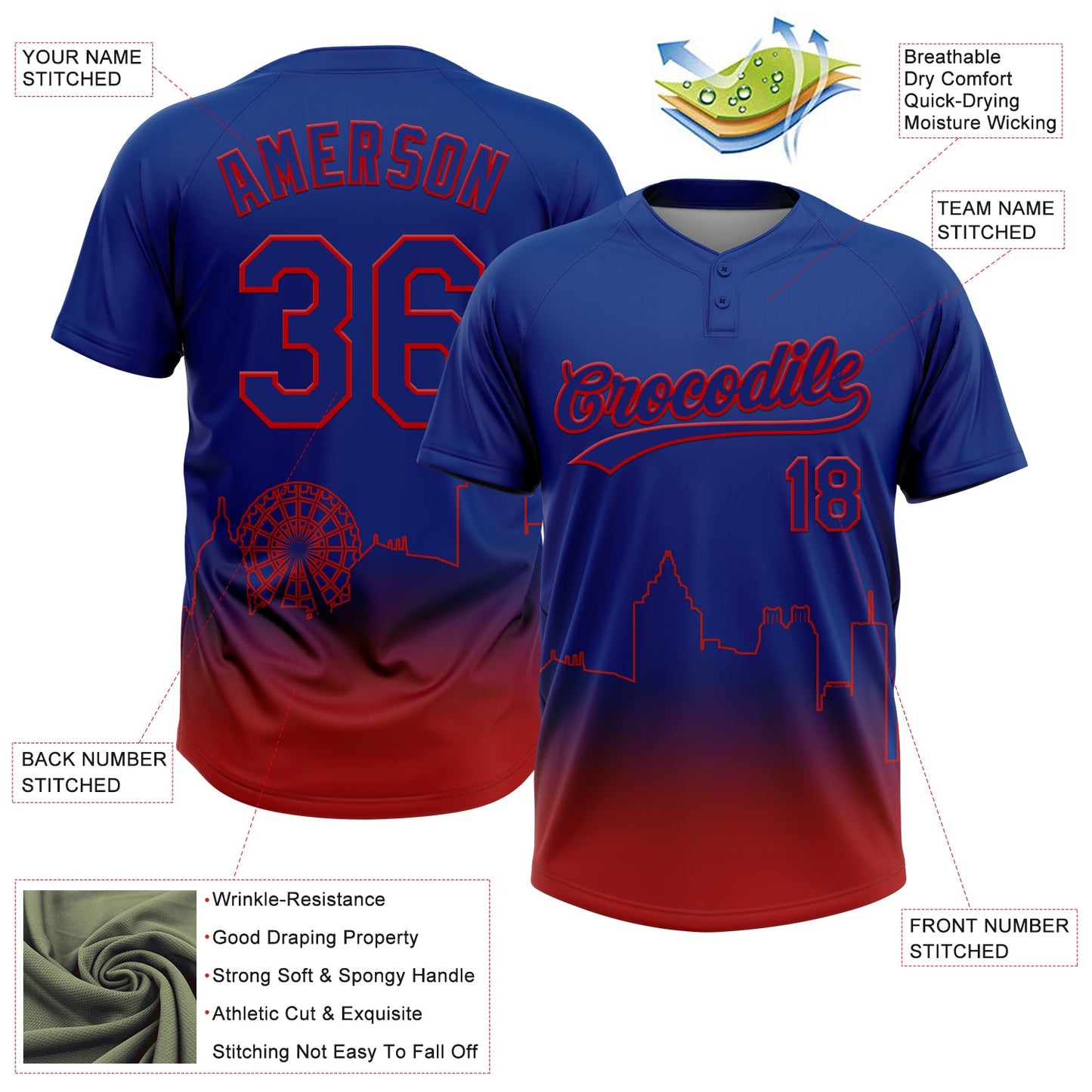 Custom Royal Red Atlanta City Edition Gradient Two-Button Unisex Softball Jersey view 3