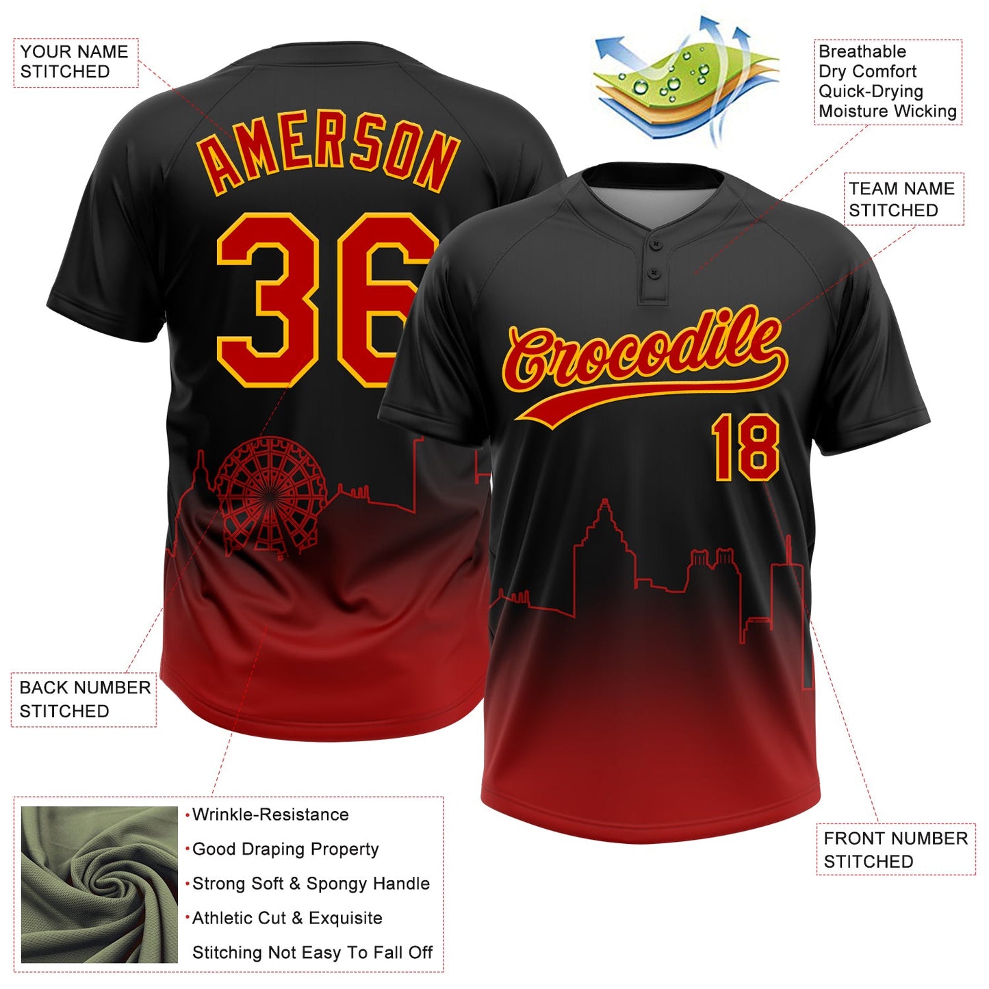 Custom Black Red-Gold Atlanta City Edition Gradient Two-Button Unisex Softball Jersey view 3