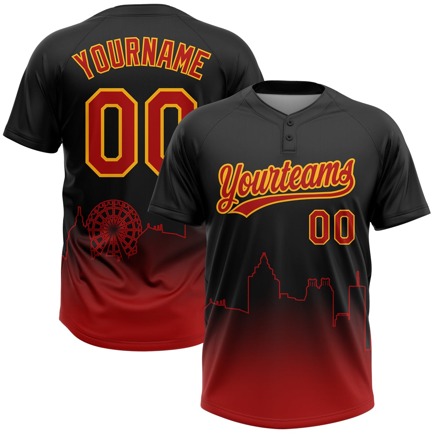 Custom Black Red-Gold Atlanta City Edition Gradient Two-Button Unisex Softball Jersey - Main View
