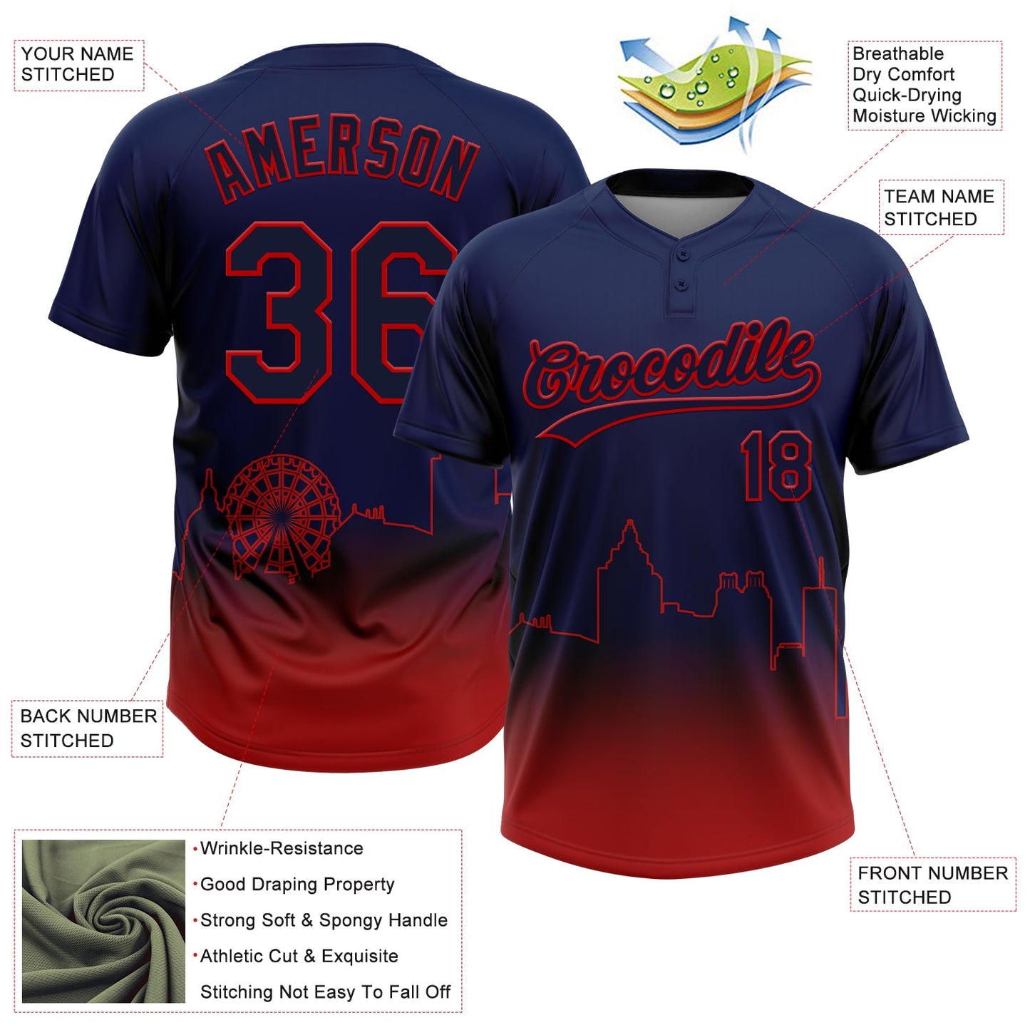 Custom Navy Red Atlanta City Edition Gradient Two-Button Unisex Softball Jersey view 3