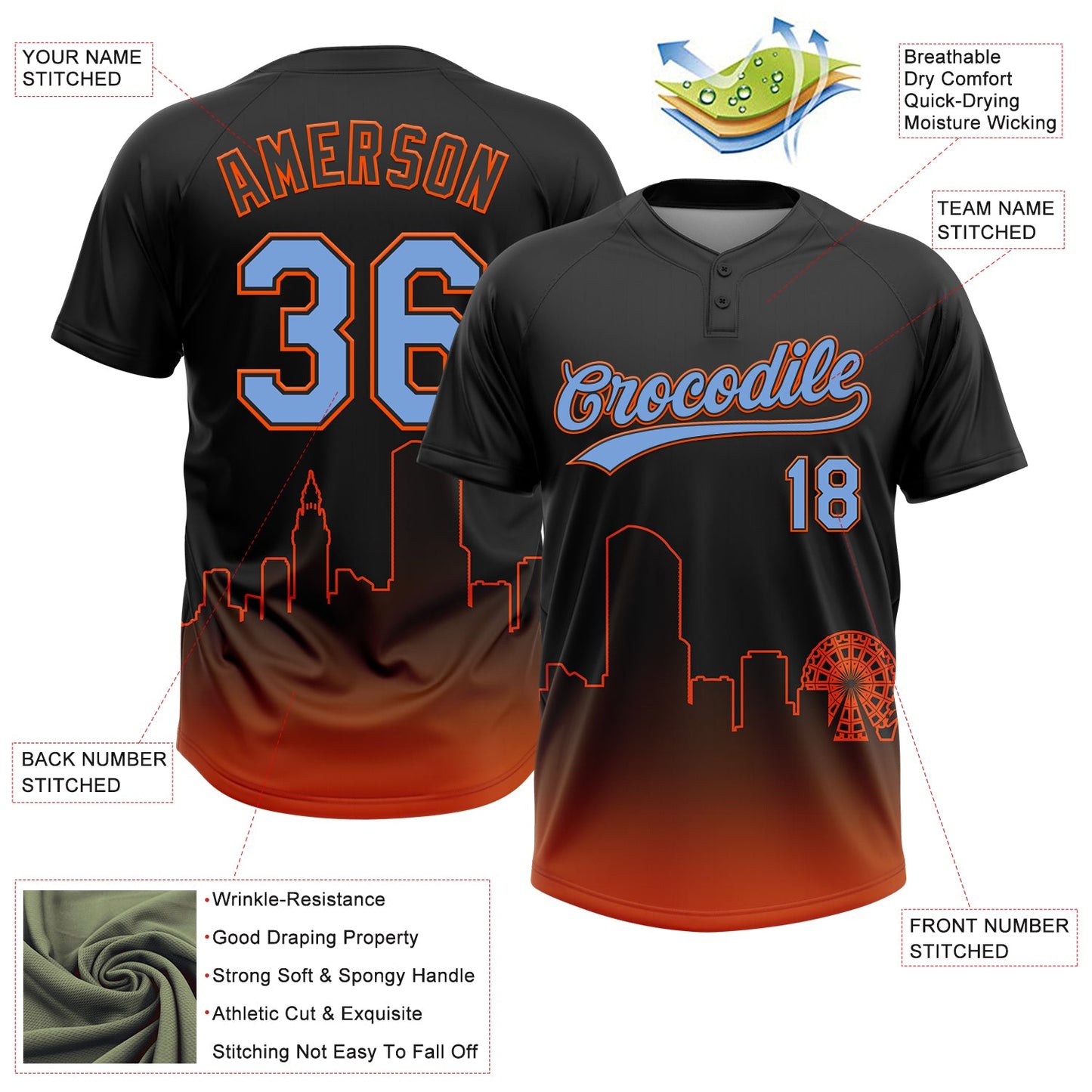 Custom Black Powder Blue-Orange Miami City Edition Gradient Two-Button Unisex Softball Jersey view 3