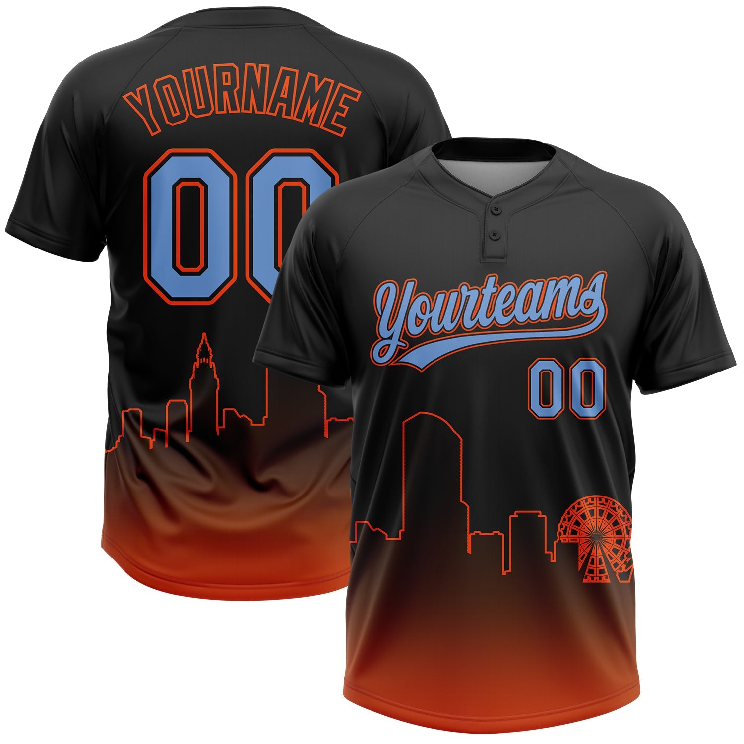 Custom Black Powder Blue-Orange Miami City Edition Gradient Two-Button Unisex Softball Jersey - Main View