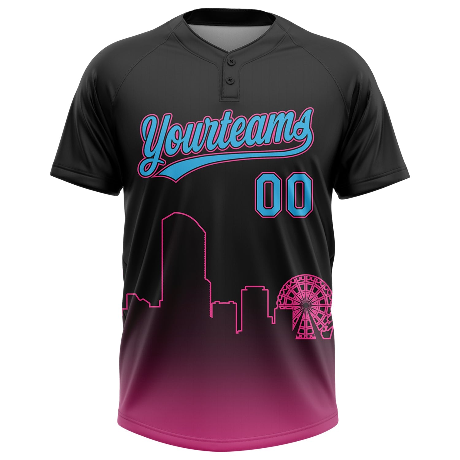 Custom Black Sky Blue-Pink Miami City Edition Gradient Two-Button Unisex Softball Jersey view 2