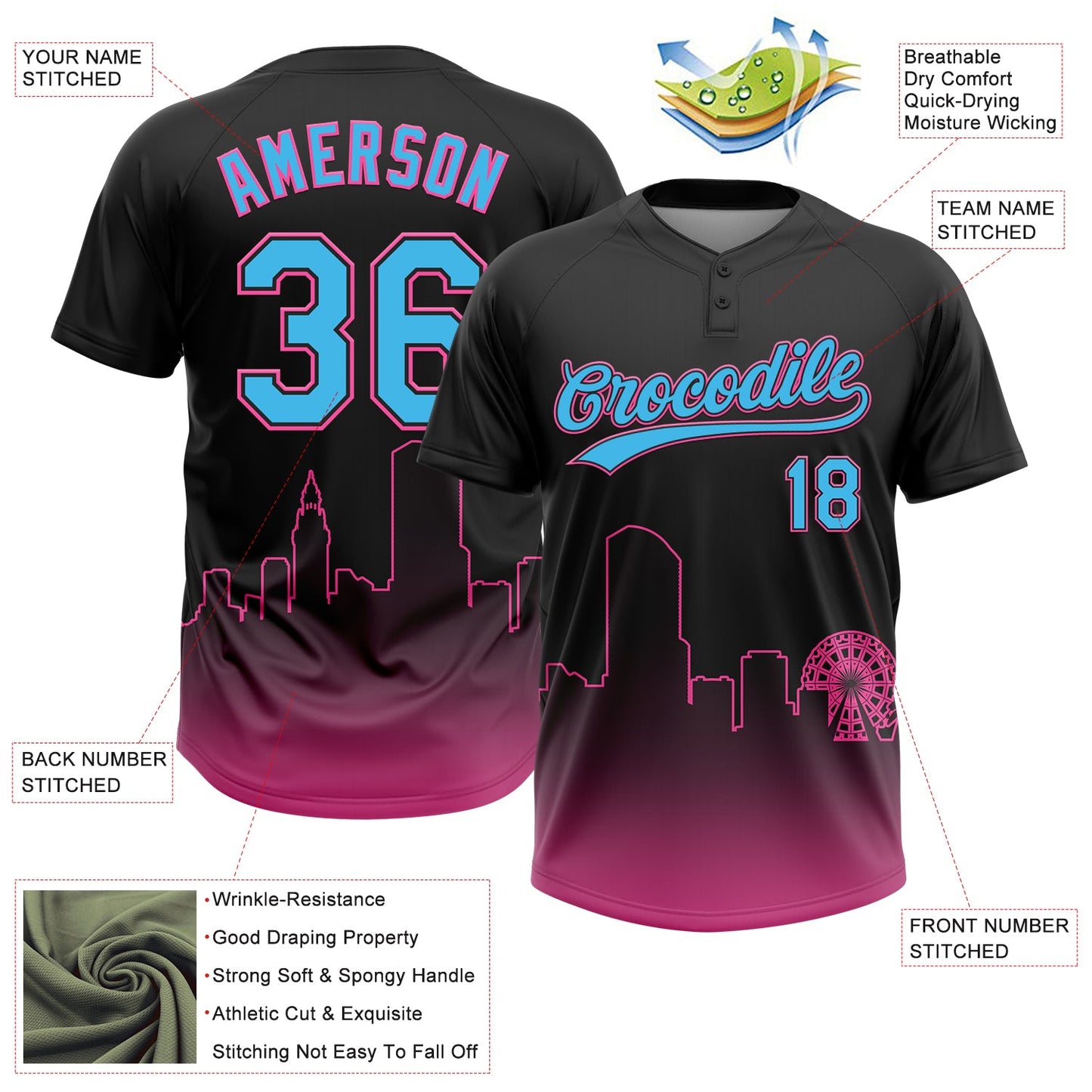Custom Black Sky Blue-Pink Miami City Edition Gradient Two-Button Unisex Softball Jersey view 3