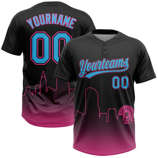 Custom Black Sky Blue-Pink Miami City Edition Gradient Two-Button Unisex Softball Jersey - Main View