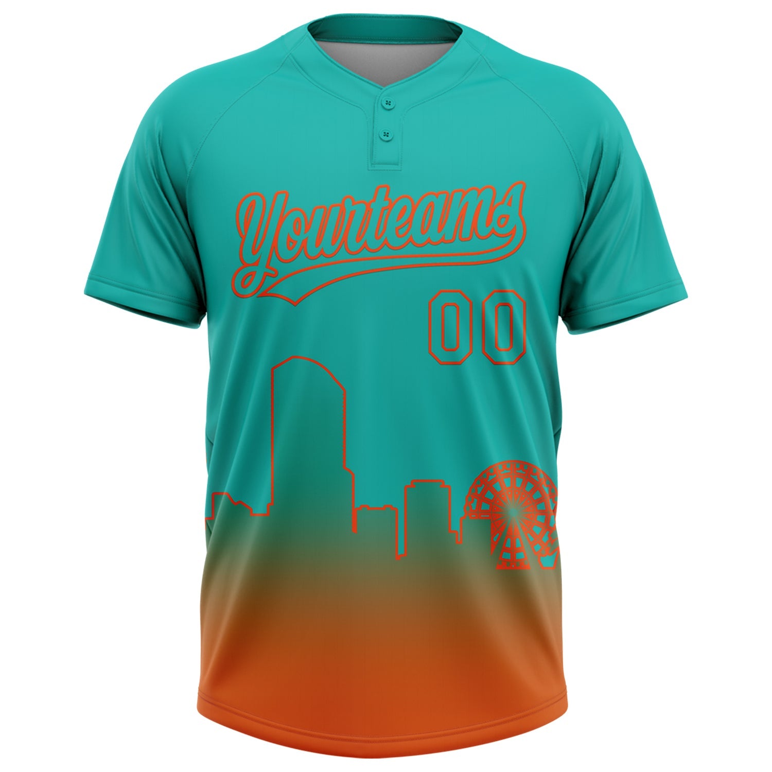 Custom Aqua Orange Miami City Edition Gradient Two-Button Unisex Softball Jersey view 2