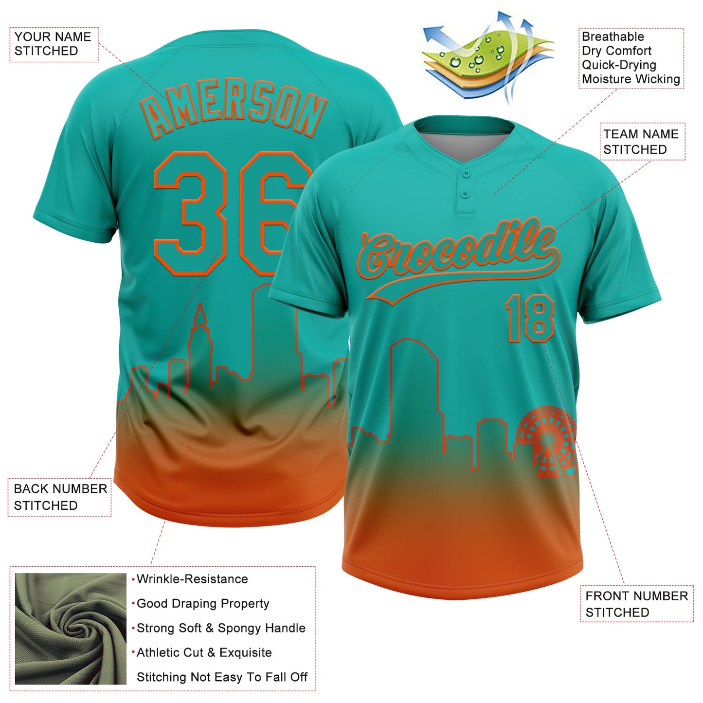 Custom Aqua Orange Miami City Edition Gradient Two-Button Unisex Softball Jersey view 3