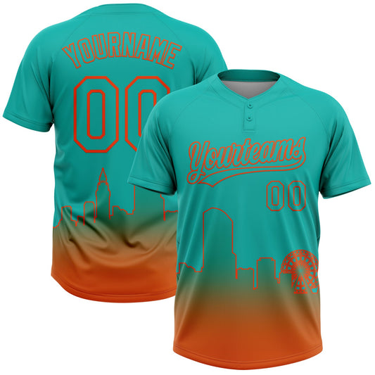 Custom Aqua Orange Miami City Edition Gradient Two-Button Unisex Softball Jersey - Main View