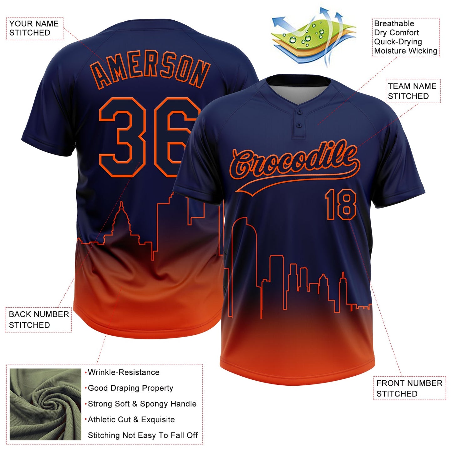 Custom Navy Orange Denver City Edition Gradient Two-Button Unisex Softball Jersey view 3