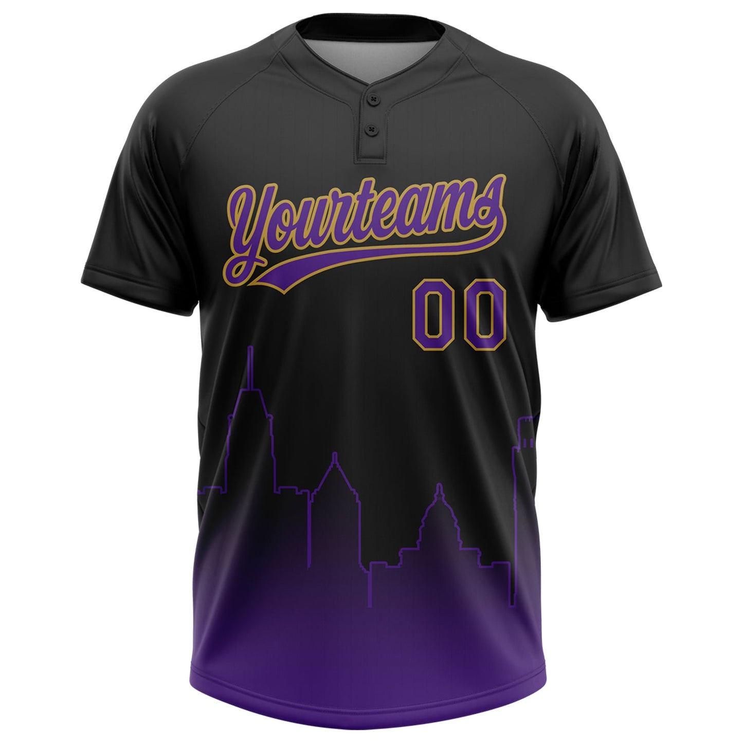 Custom Black Purple-Old Gold Baltimore City Edition Gradient Two-Button Unisex Softball Jersey view 2
