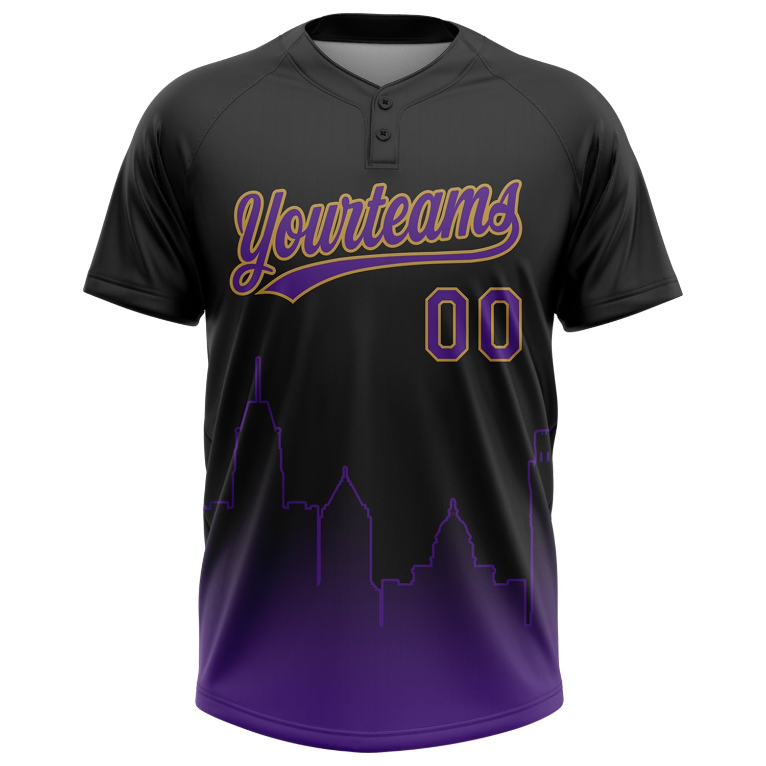 Custom Black Purple-Old Gold Baltimore City Edition Gradient Two-Button Unisex Softball Jersey view 2