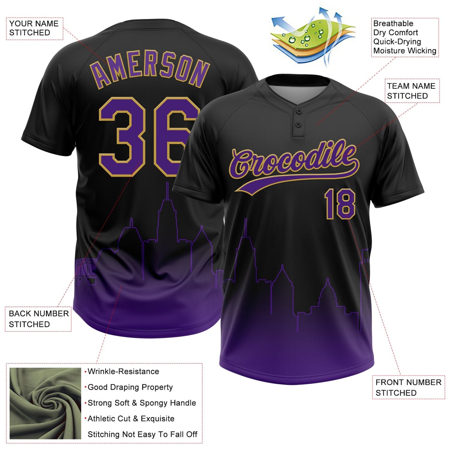 Custom Black Purple-Old Gold Baltimore City Edition Gradient Two-Button Unisex Softball Jersey view 3