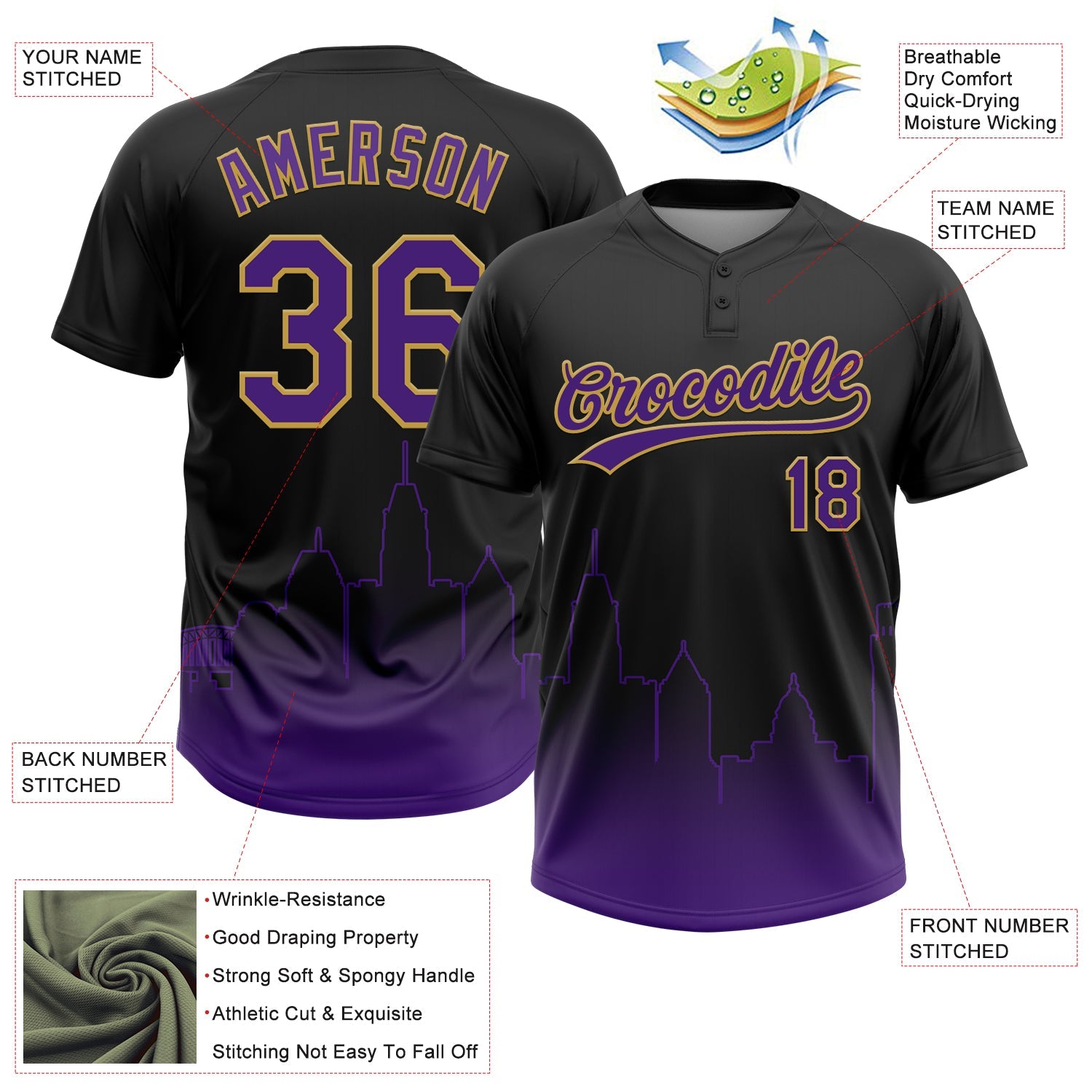 Custom Black Purple-Old Gold Baltimore City Edition Gradient Two-Button Unisex Softball Jersey view 3
