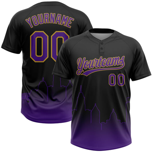 Custom Black Purple-Old Gold Baltimore City Edition Gradient Two-Button Unisex Softball Jersey - Main View