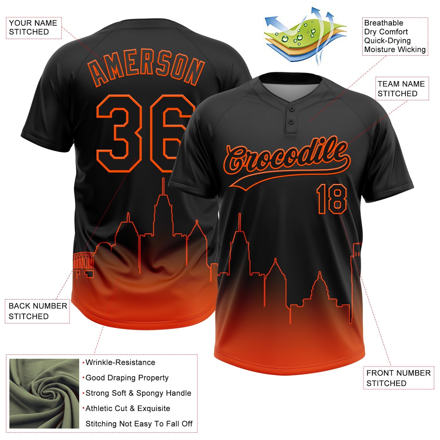 Custom Black Orange Baltimore City Edition Gradient Two-Button Unisex Softball Jersey view 3