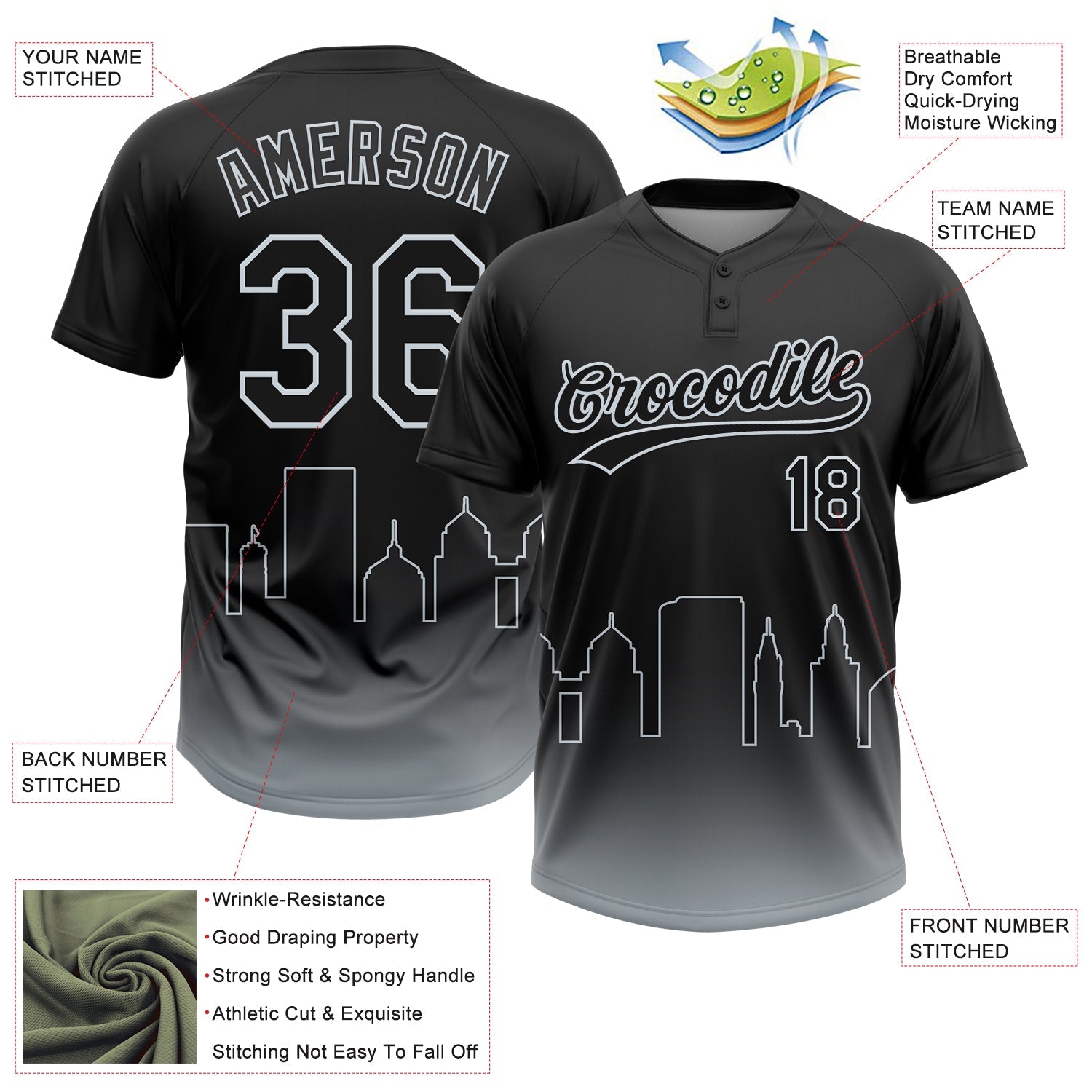 Custom Black Silver Oakland City Edition Gradient Two-Button Unisex Softball Jersey view 3