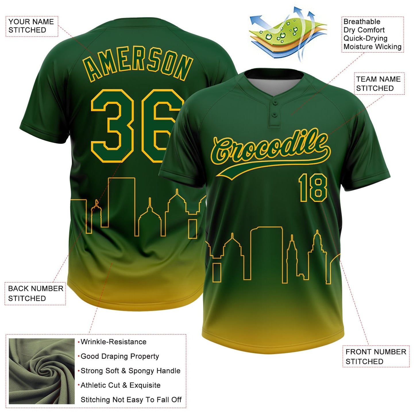 Custom Green Gold Oakland City Edition Gradient Two-Button Unisex Softball Jersey view 3
