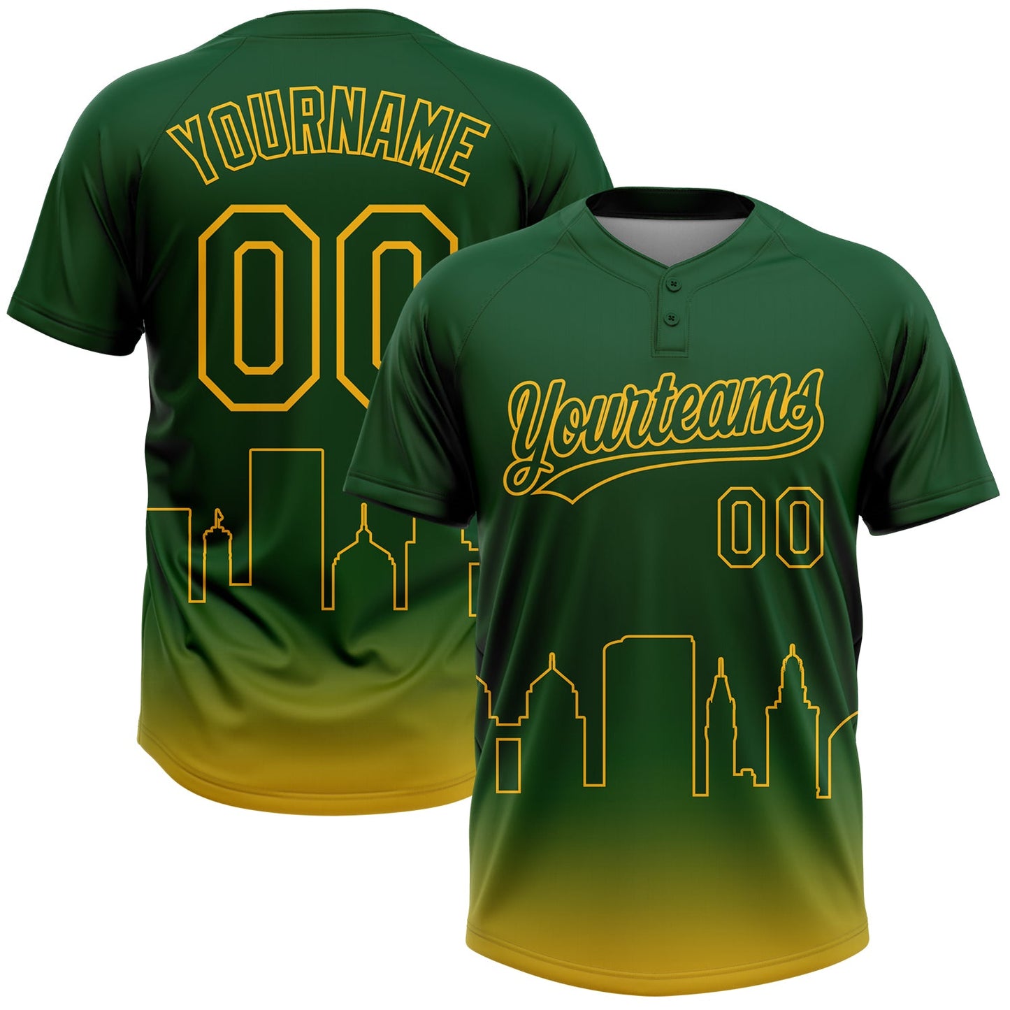 Custom Green Gold Oakland City Edition Gradient Two-Button Unisex Softball Jersey - Main View