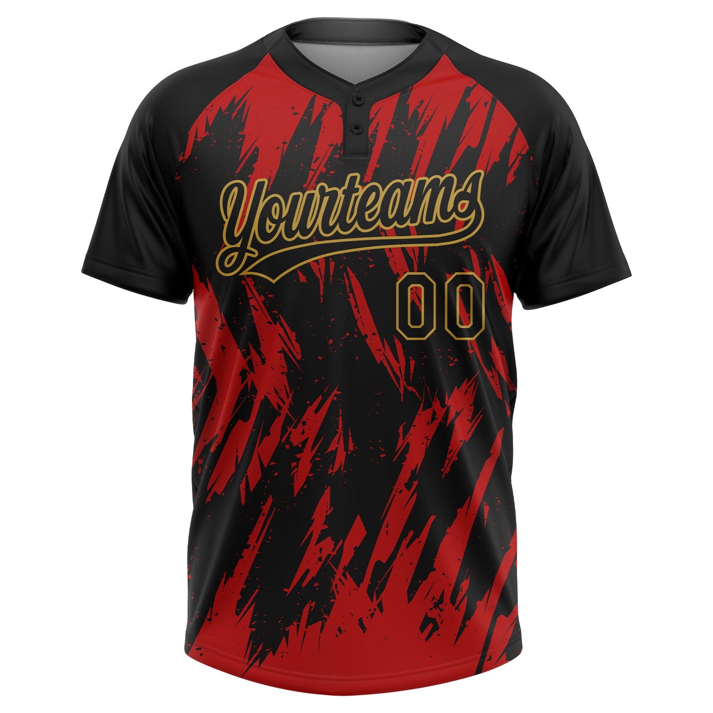 Custom Black Red-Old Gold Splatter Torn Sharp Brush Stroke Two-Button Unisex Softball Jersey view 2