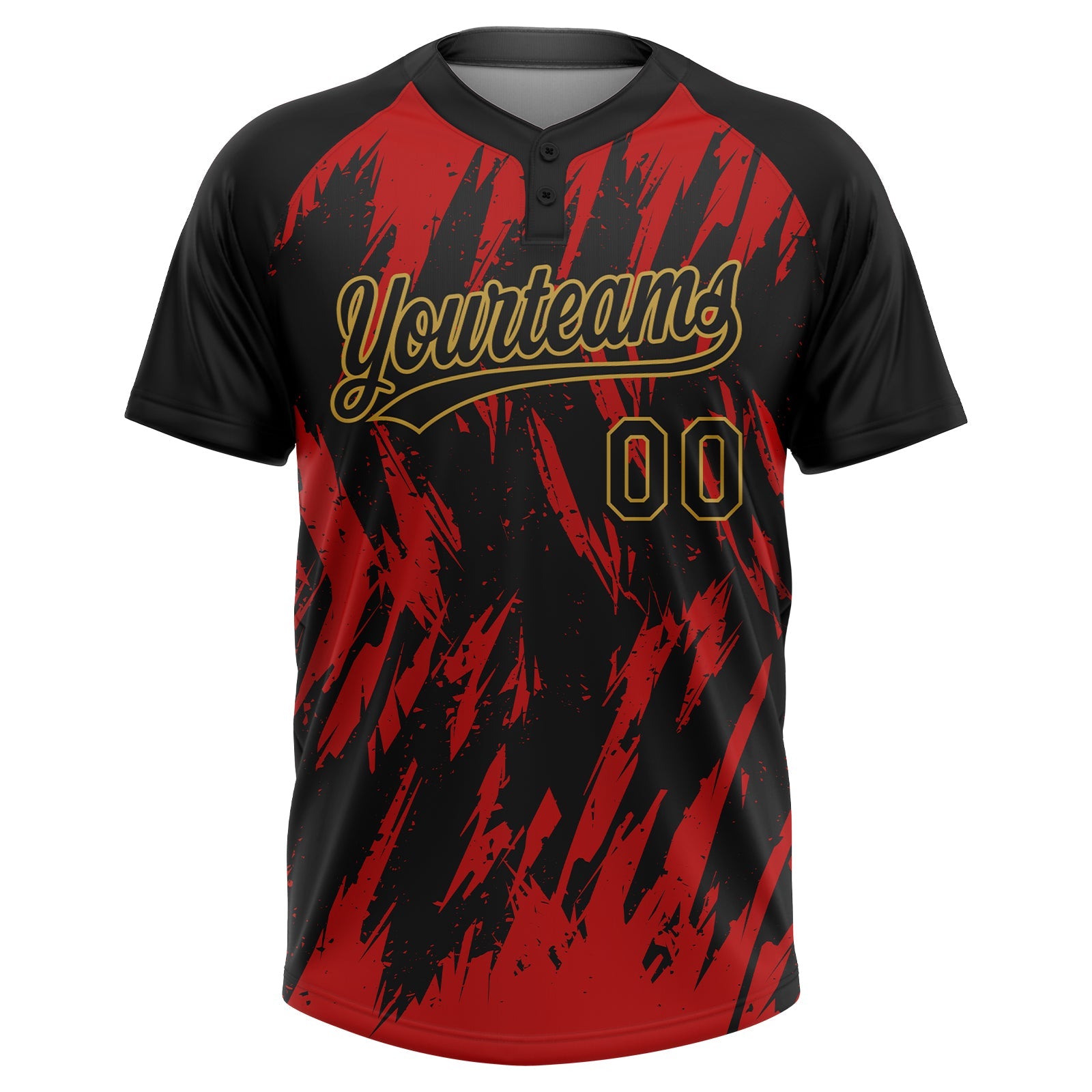 Custom Black Red-Old Gold Splatter Torn Sharp Brush Stroke Two-Button Unisex Softball Jersey view 2