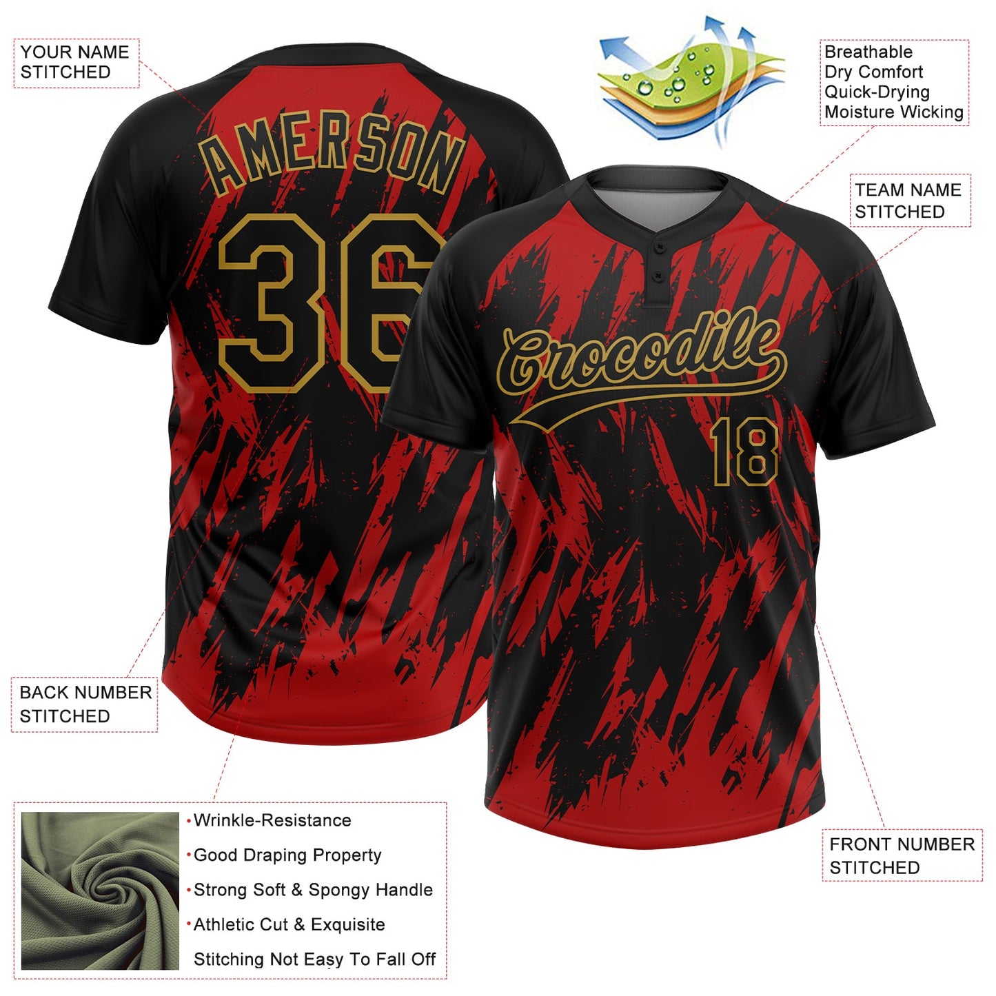 Custom Black Red-Old Gold Splatter Torn Sharp Brush Stroke Two-Button Unisex Softball Jersey view 3