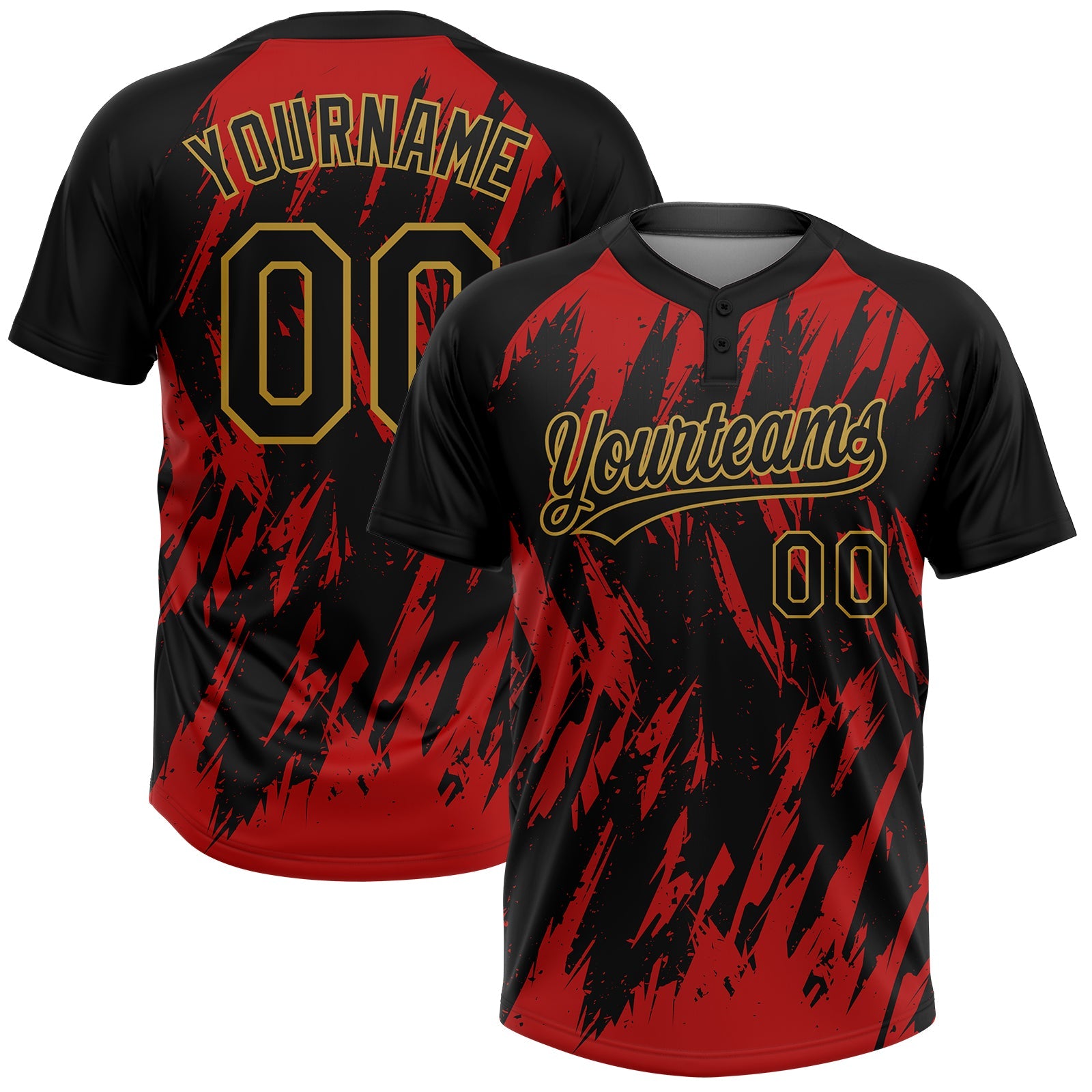 Custom Black Red-Old Gold Splatter Torn Sharp Brush Stroke Two-Button Unisex Softball Jersey - Main View