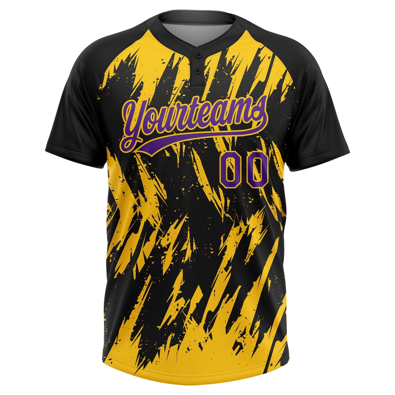Custom Black Purple-Yellow Splatter Torn Sharp Brush Stroke Two-Button Unisex Softball Jersey view 2