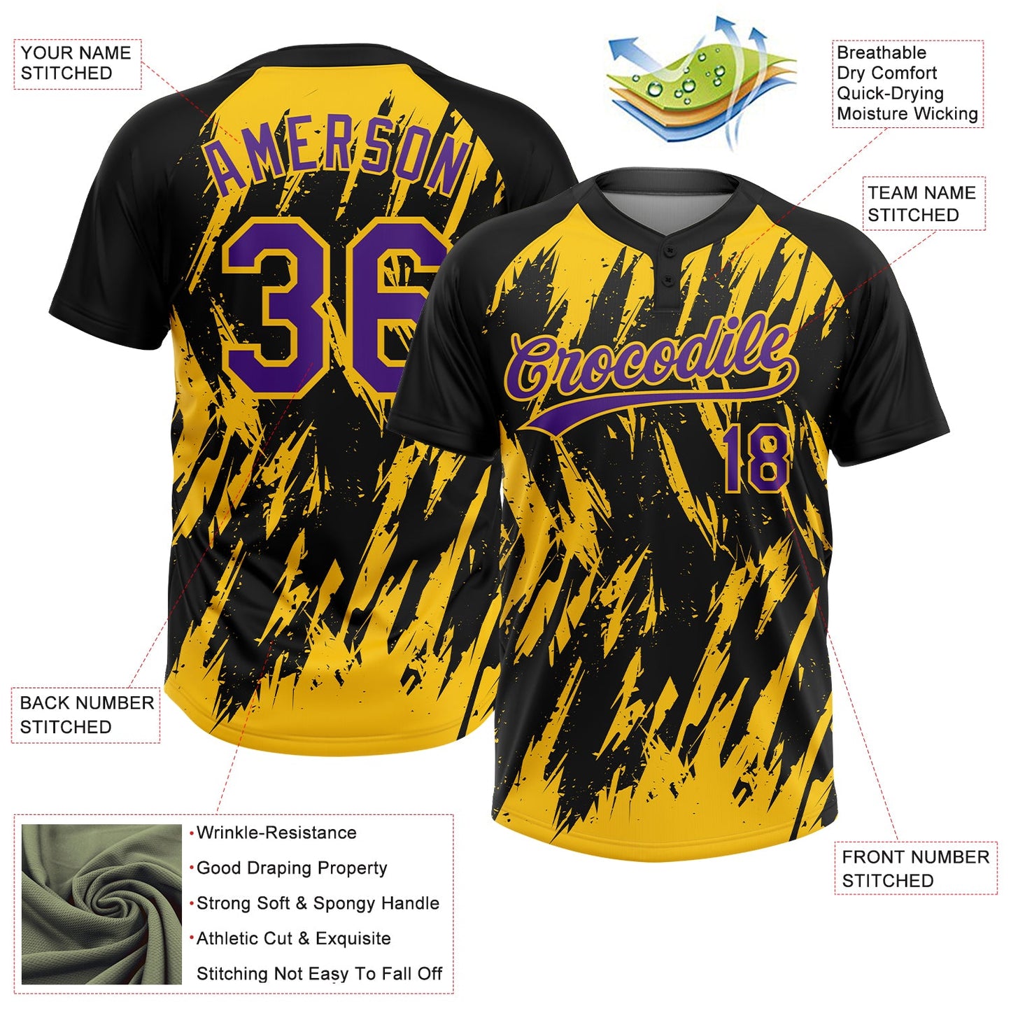 Custom Black Purple-Yellow Splatter Torn Sharp Brush Stroke Two-Button Unisex Softball Jersey view 3