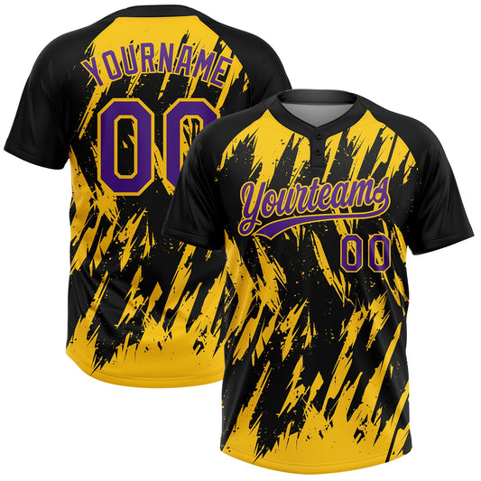 Custom Black Purple-Yellow Splatter Torn Sharp Brush Stroke Two-Button Unisex Softball Jersey - Main View