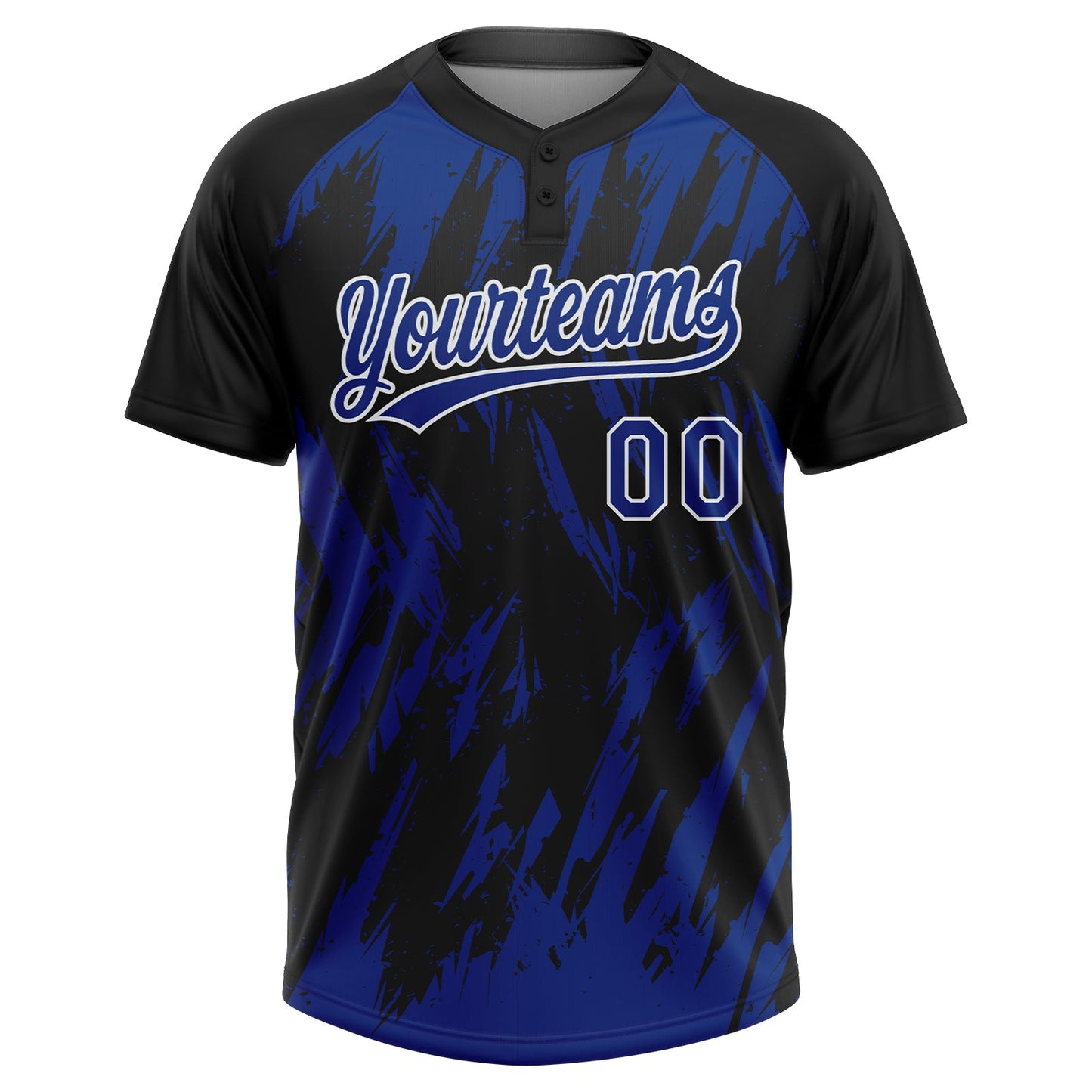Custom Black Royal-White Splatter Torn Sharp Brush Stroke Two-Button Unisex Softball Jersey view 2