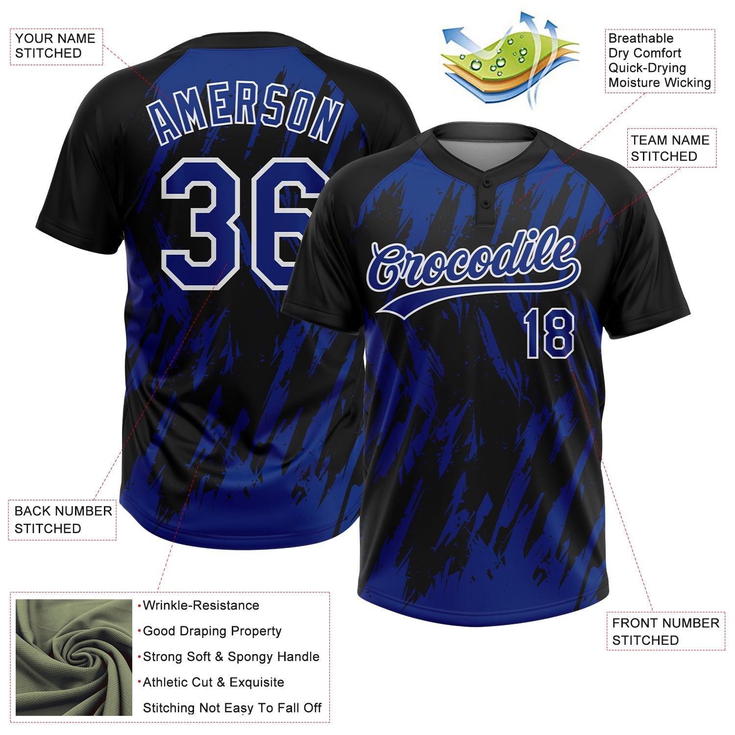 Custom Black Royal-White Splatter Torn Sharp Brush Stroke Two-Button Unisex Softball Jersey view 3