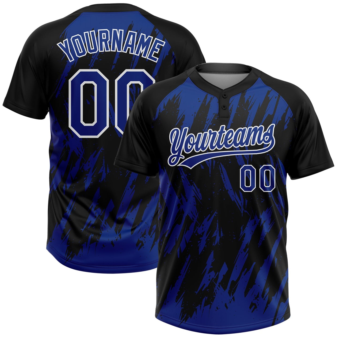 Custom Black Royal-White Splatter Torn Sharp Brush Stroke Two-Button Unisex Softball Jersey - Main View