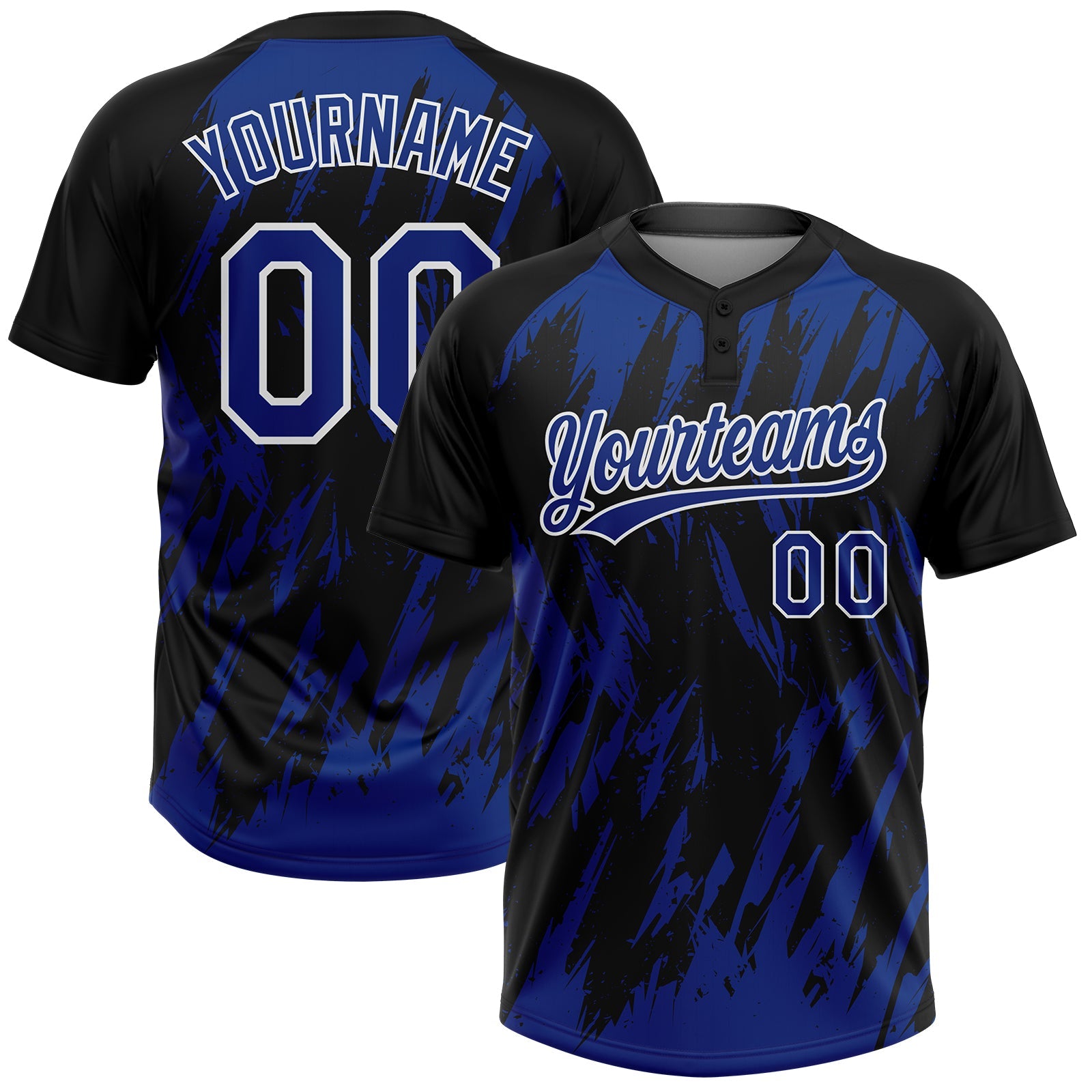Custom Black Royal-White Splatter Torn Sharp Brush Stroke Two-Button Unisex Softball Jersey - Main View