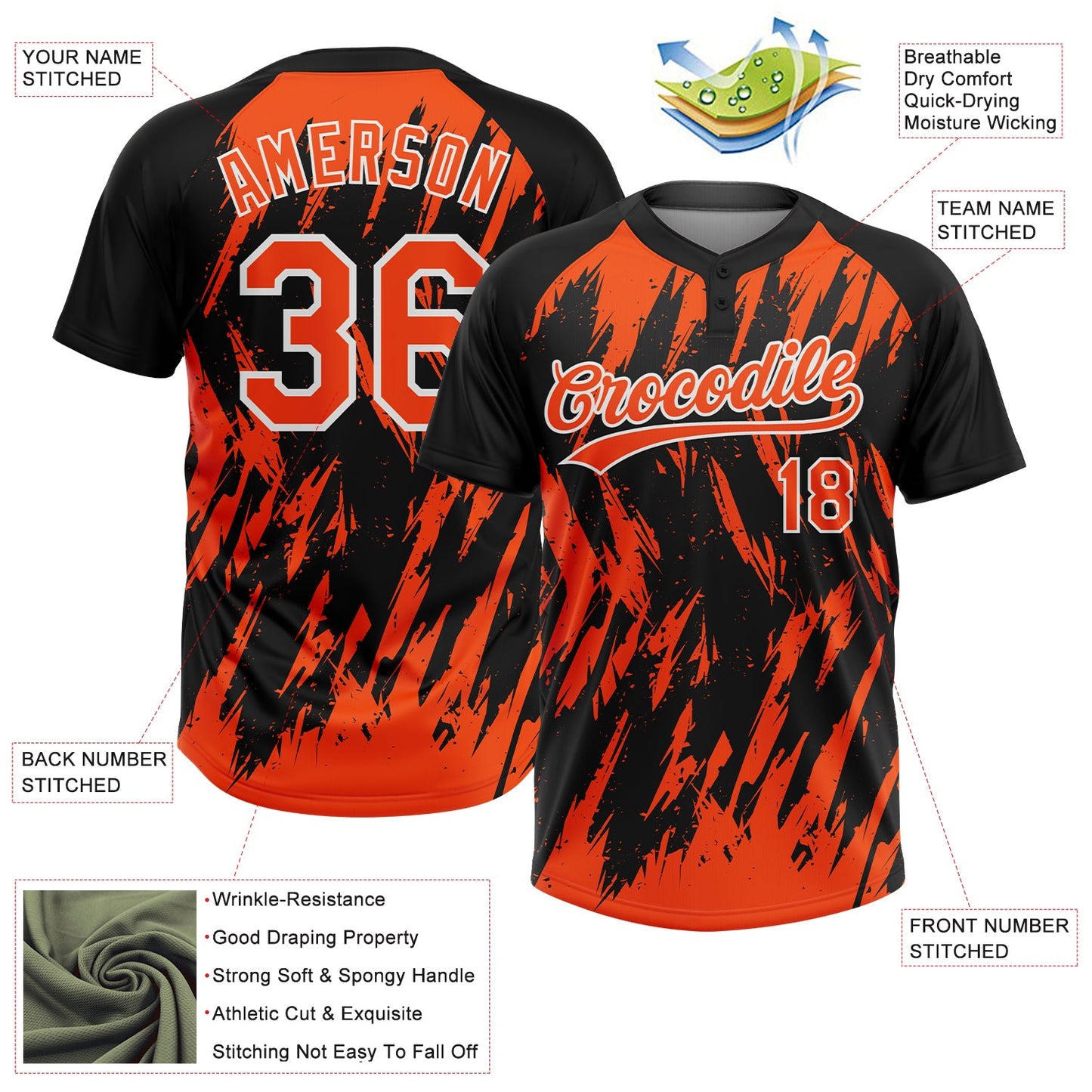 Custom Black Orange-White Splatter Torn Sharp Brush Stroke Two-Button Unisex Softball Jersey view 3