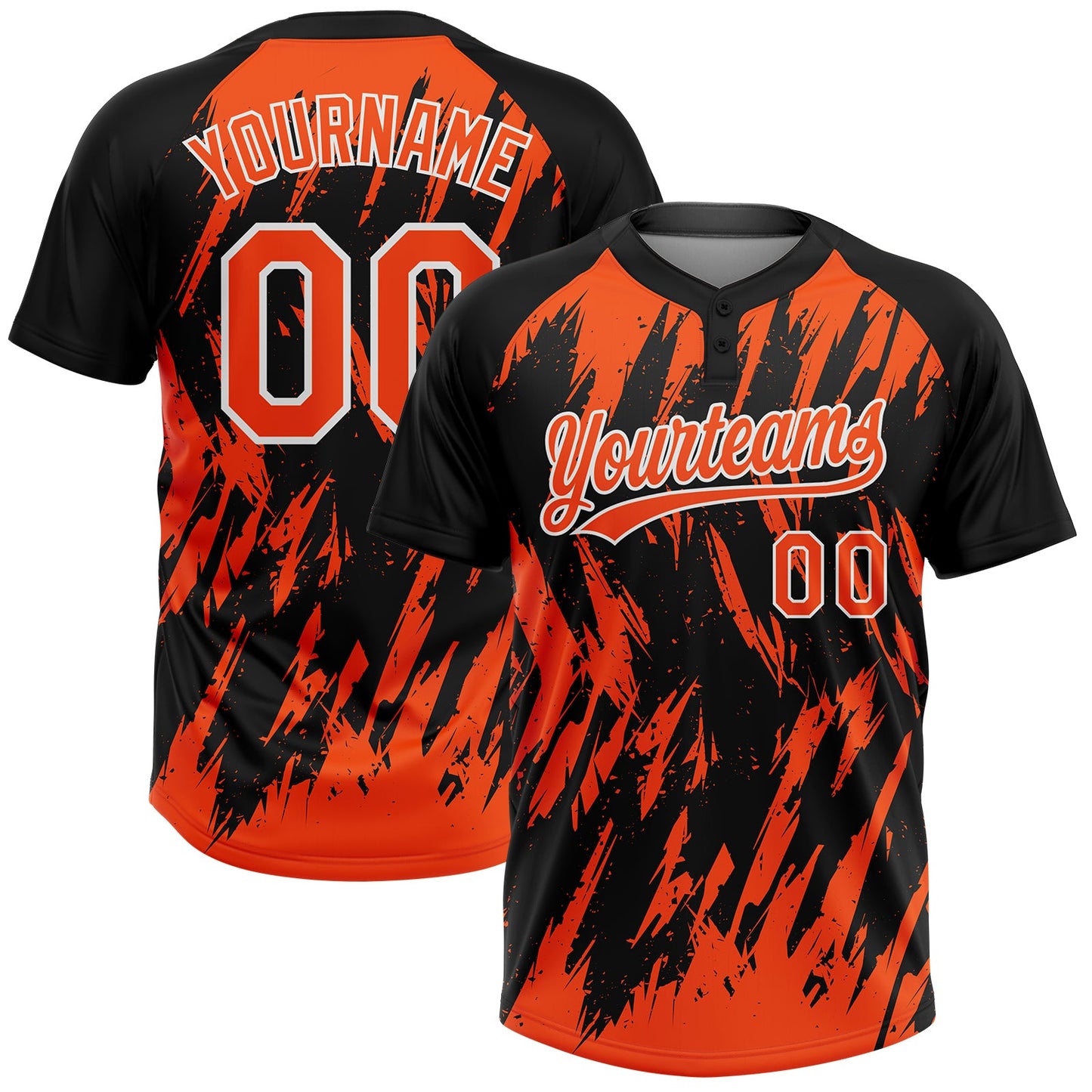Custom Black Orange-White Splatter Torn Sharp Brush Stroke Two-Button Unisex Softball Jersey - Main View
