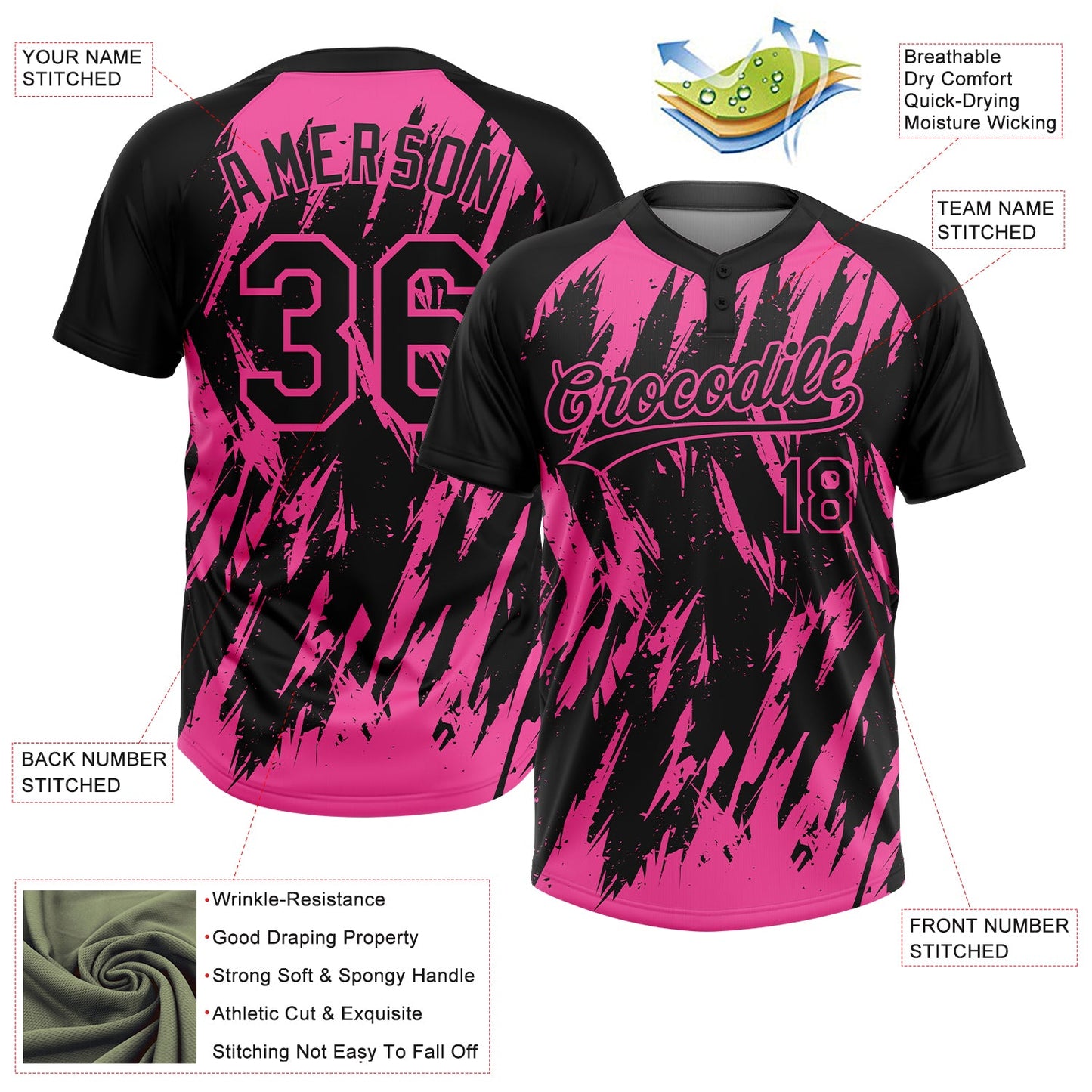 Custom Black Pink Splatter Torn Sharp Brush Stroke Two-Button Unisex Softball Jersey view 3
