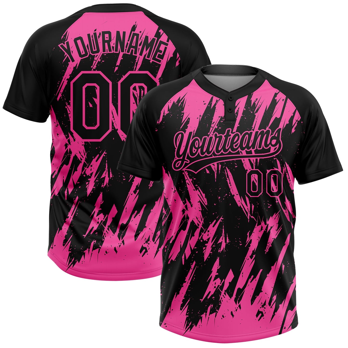 Custom Black Pink Splatter Torn Sharp Brush Stroke Two-Button Unisex Softball Jersey - Main View