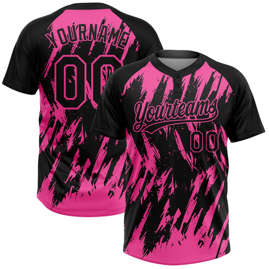 Custom Black Pink Splatter Torn Sharp Brush Stroke Two-Button Unisex Softball Jersey - Main View