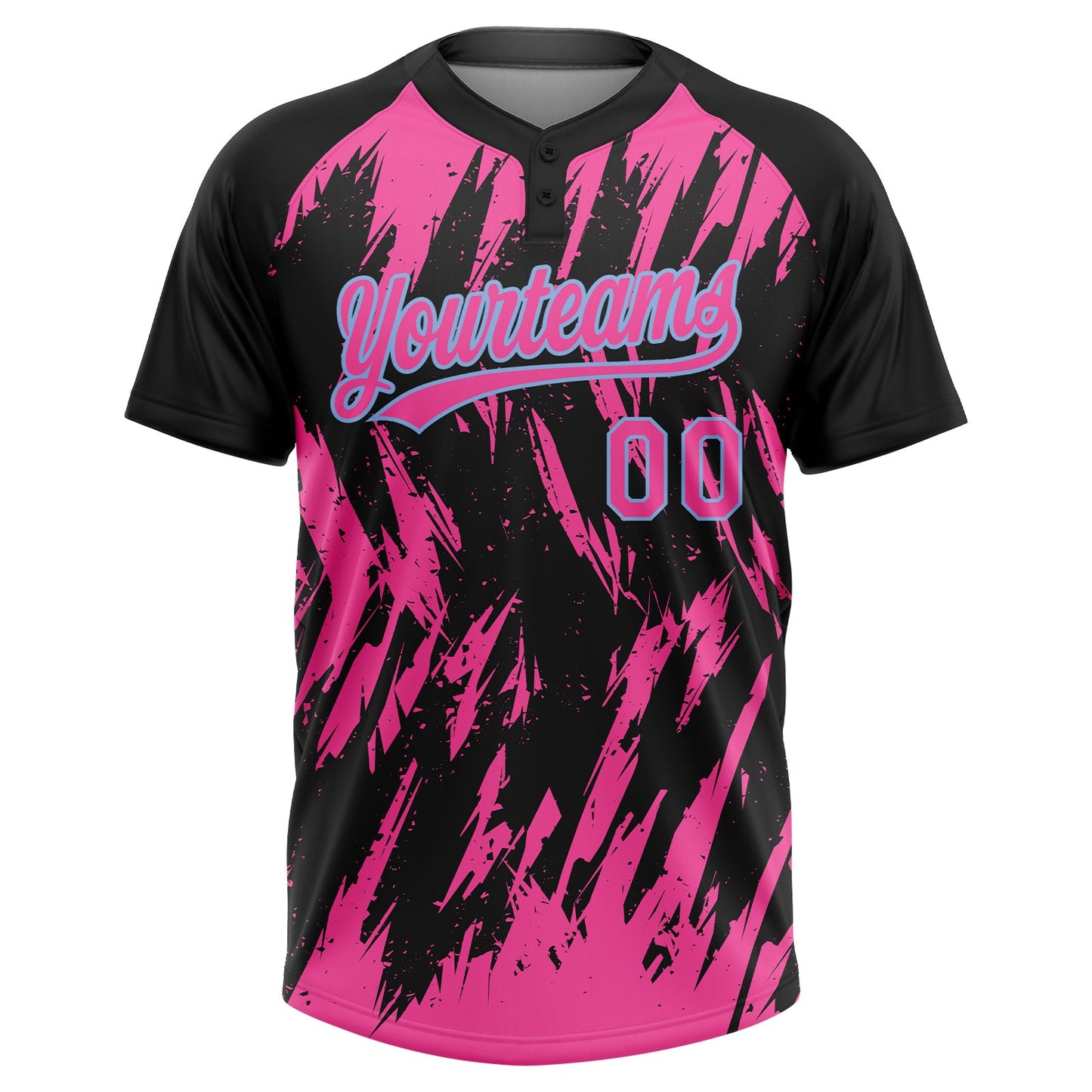 Custom Black Pink-Light Blue Splatter Torn Sharp Brush Stroke Two-Button Unisex Softball Jersey view 2