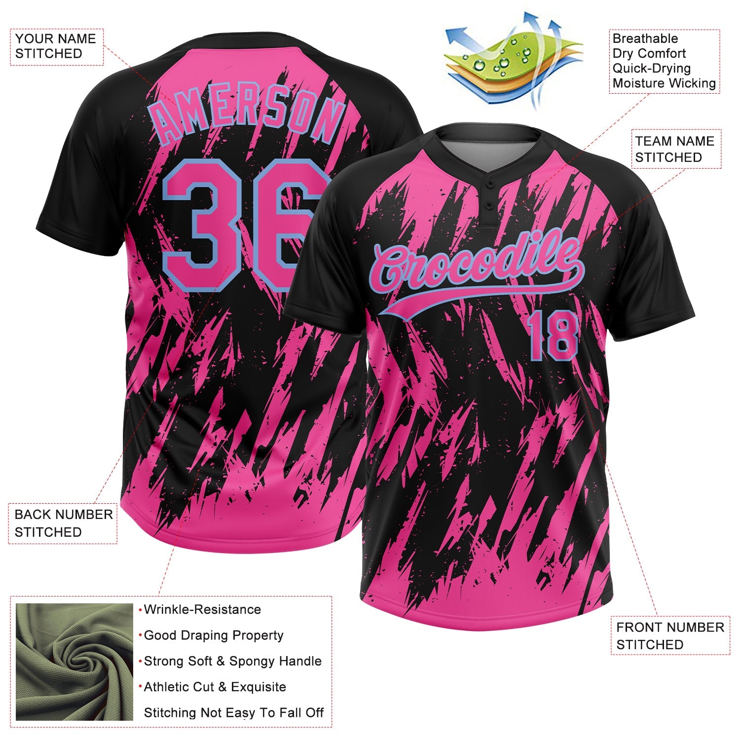 Custom Black Pink-Light Blue Splatter Torn Sharp Brush Stroke Two-Button Unisex Softball Jersey view 3