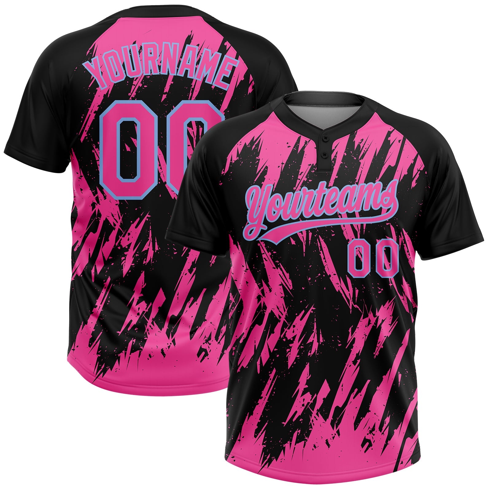 Custom Black Pink-Light Blue Splatter Torn Sharp Brush Stroke Two-Button Unisex Softball Jersey - Main View